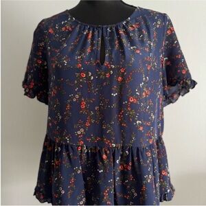 Madewell Womens Floral Navy Blue Pink Silk Blouse Top Size M